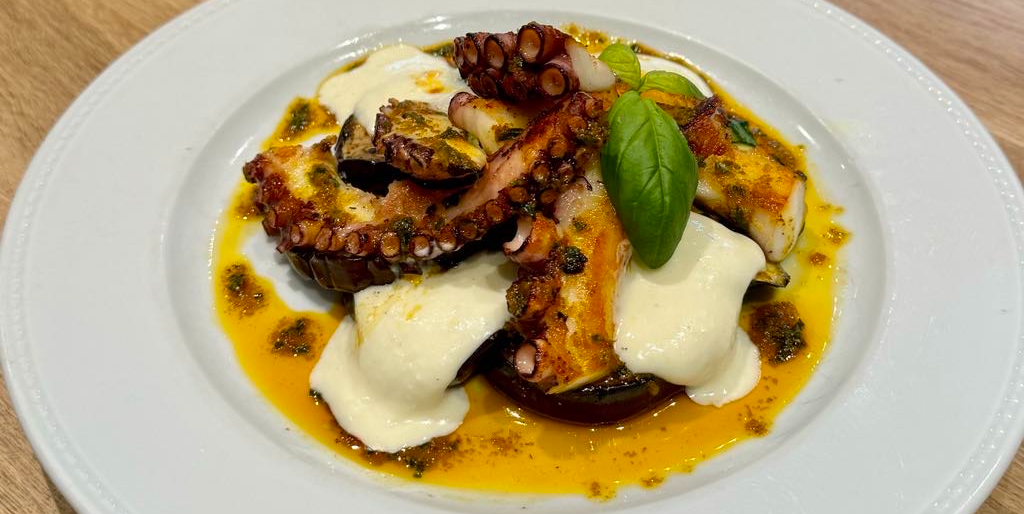 Grilled octopus & grilles vegetables, chimmichurri sauce & stracchino dots