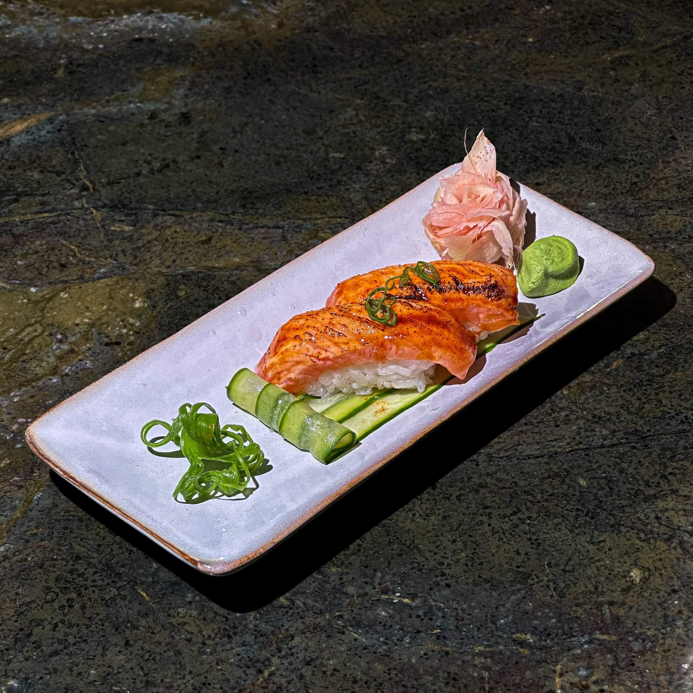 Braised salmon nigiri - Sushi by Spicy Bamboo