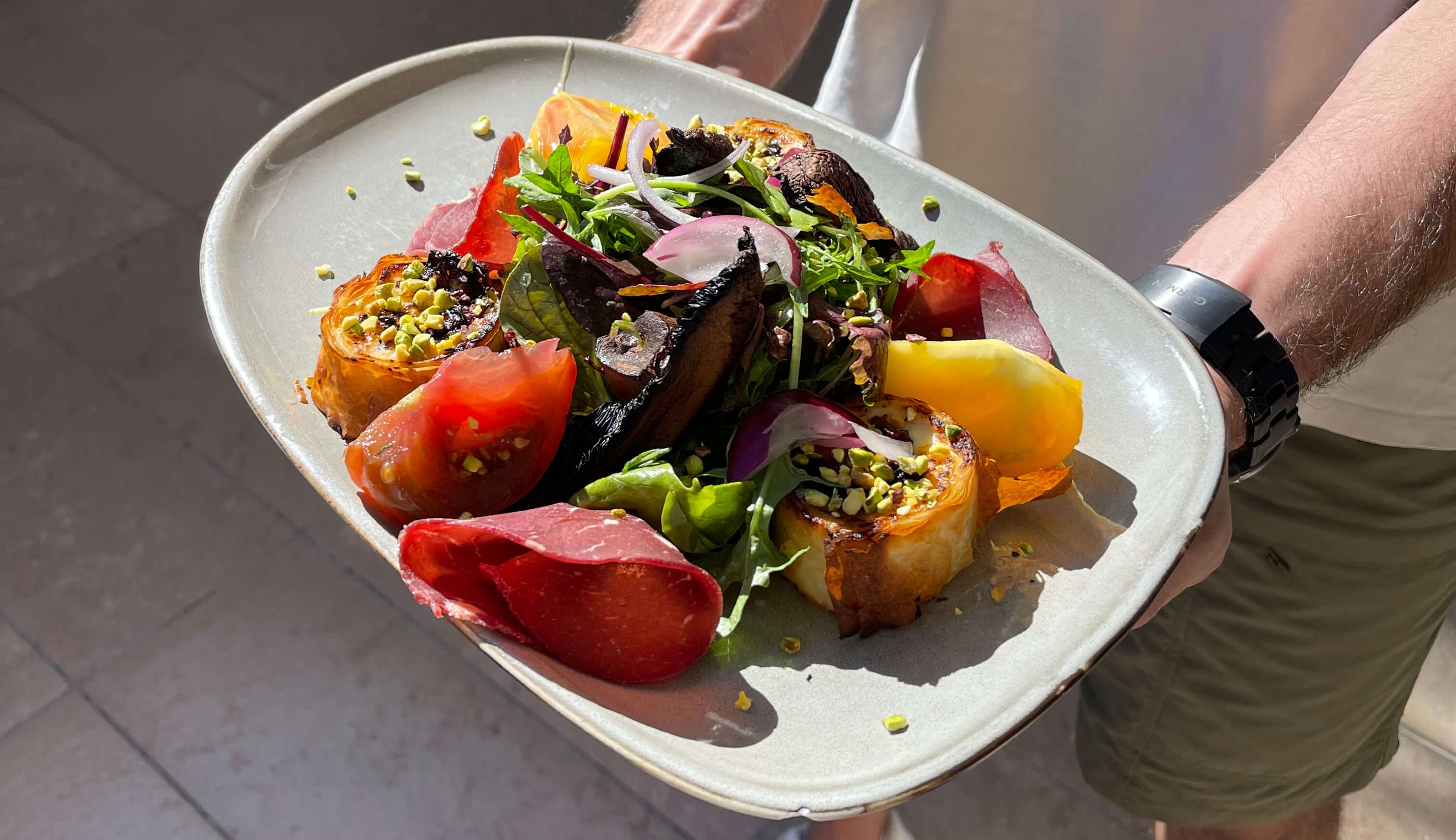 Goat cheese and bresaola salad ‘Baklava’ style - La Note Bleue | Beachside Dining Delivery in Monaco