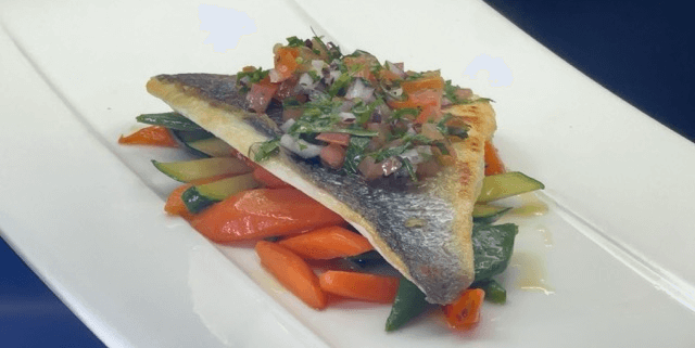 Grilled sea bream fillet with vegetable fricassee