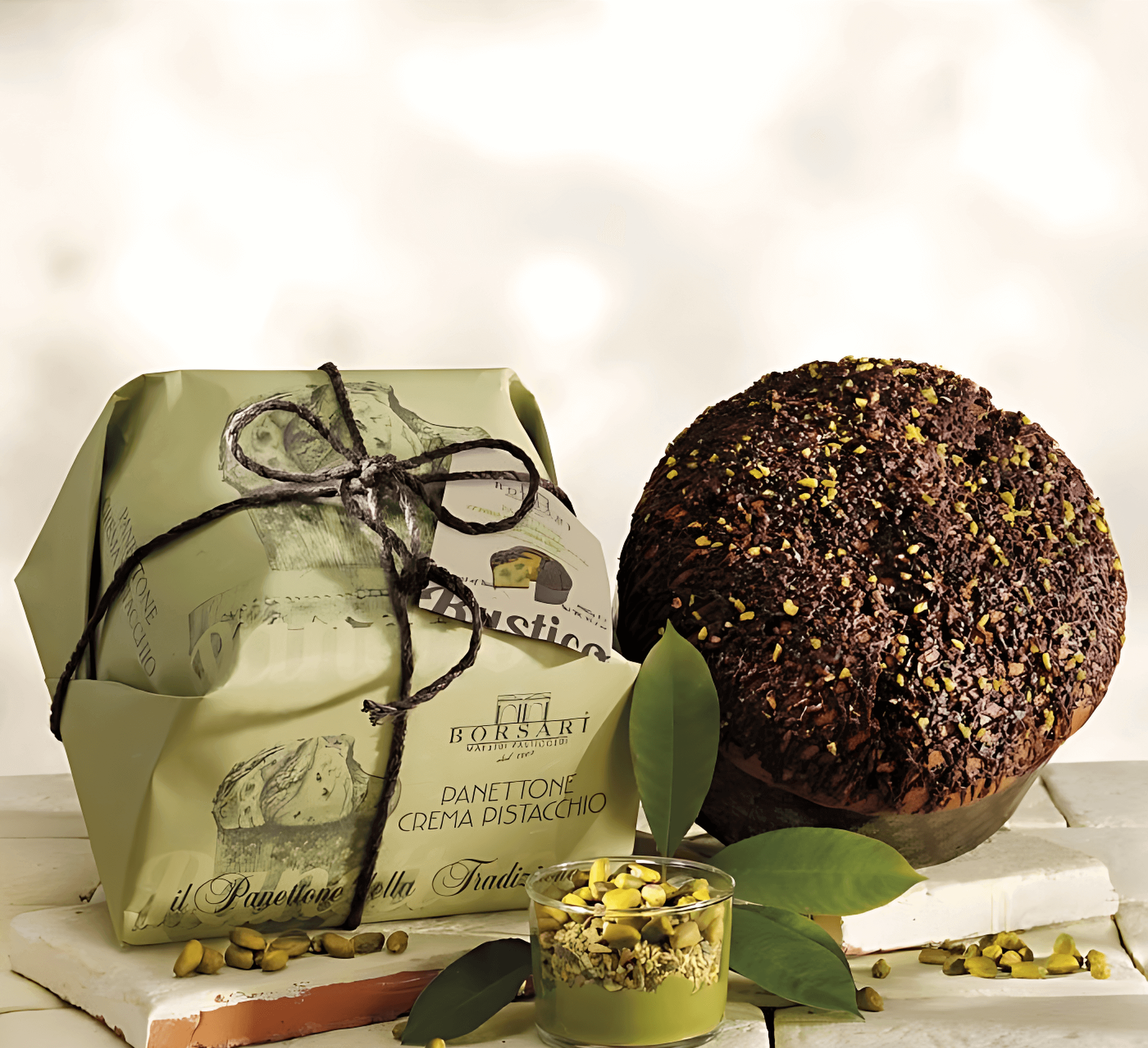 Pistachio Panettone with Bronte DOP Green Pistachio Cream (1000g) - Borsari Panettone Monaco - 40min Delivery
